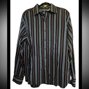 Robert Graham Flip Cuff Black Blue Purple Striped Long Sleeve Shirt Mens XL